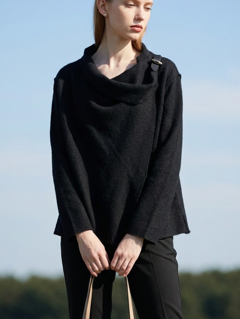 Eileen Fisher Black 100% Wool Cowlneck Sweater with 100% Leather Buckle Detail